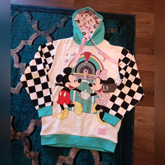 Loungefly Mickey Minnie Mouse Date Night Diner Jukebox Unisex Hoodie Size S  NWT - Picture 1 of 6